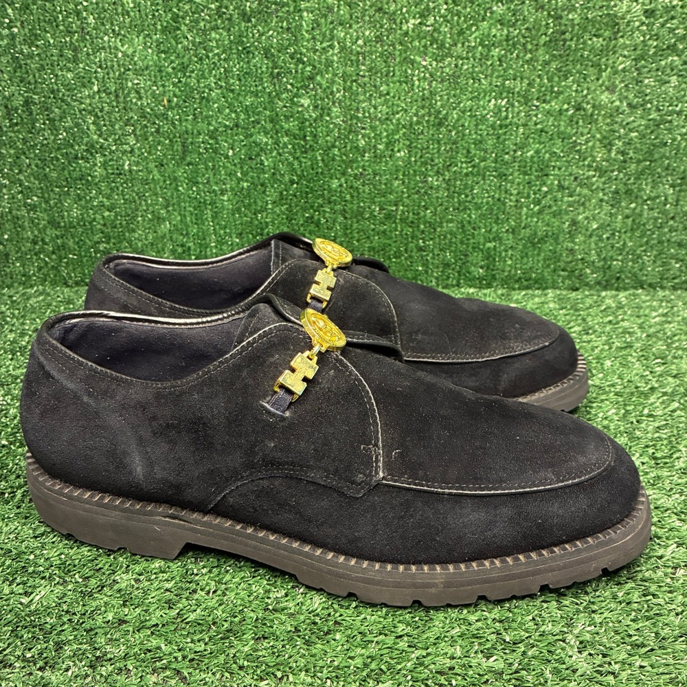 Hush Puppies 13980 Gold Medallion Suede Slip On Moc Toe Oxford Black Mens Sz 12